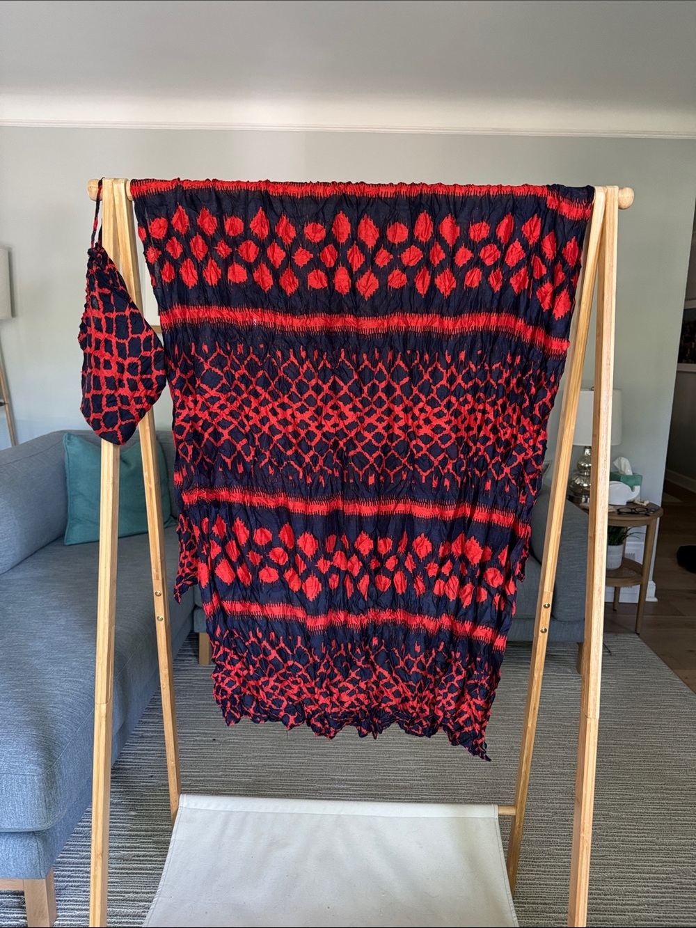 Stella & Dot Red and Navy Tie-Dye Scarf / Sarong with Matching Pouch